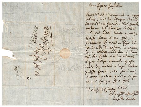 Leopoldo Staccioli (Urbino 1803 - ivi 1832), Lettera a Guglielmo Piatti - Famiglia Hercolani