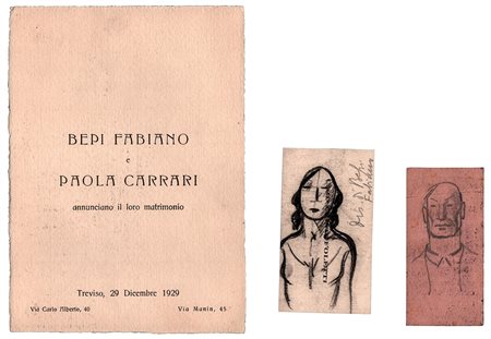 Giuseppe Fabiano "Bepi" (Trani 1883 - Padova 1962), Partecipazione di nozze e disegni su biglietto da visita di Ciro Cristofoletti