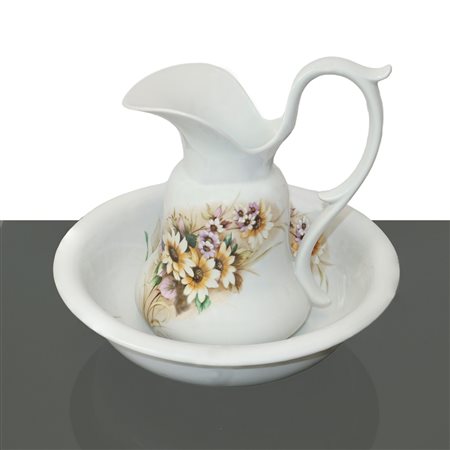 AI Galleria - Lavamani con versatoio in porcellana bianca con decori florali, 20th  