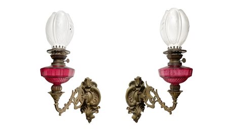 Coppia di appliques a petrolio in bronzo e vetro, fine 19th  
