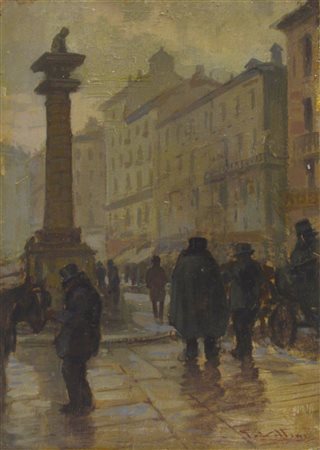 Giulio Vittini PIAZZA SAN BABILA olio su tavola, cm 25x18 firma sul retro:...