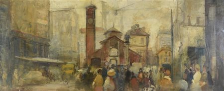 Rossi Dino PIAZZA SAN BABILA olio su tela, cm 40x95,5 firma