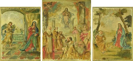 Attilio Cavallini I MISTERI GAUDIOSI trittico composto da tre oli su tela, cm...
