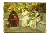 Giacomo Mantegazza CONVERSAZIONE IN GIARDINO olio su tela, cm 25x35 firma...