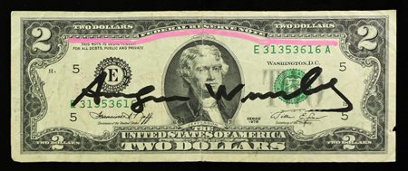 Andy Warhol TWO DOLLARS (Thomas Jefferson) pennafeltro su banconota, cm...