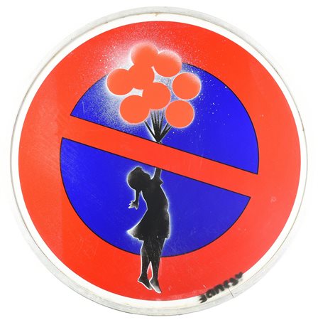Da Banksy GIRL WITH BALLOONS stencil print su cartello stradale, diam. cm...