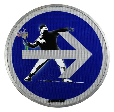 Da Banksy FLOWER THROWER stencil print su cartello stradale, diam. cm 47x3...