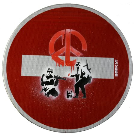 Da Banksy CND SOLDIERS stencil print su cartello stradale, diam. cm 66x2...