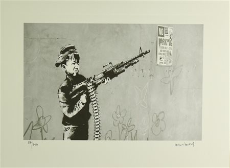 Da Banksy NINO CON METRALLETA eliografia su carta Arches, cm 28,5x38,5; es....