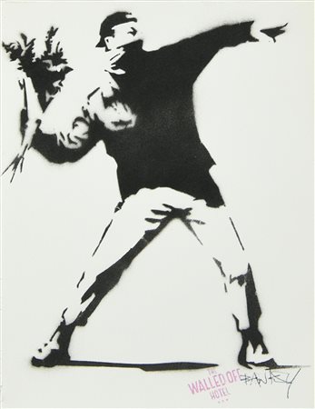 Da Banksy FLOWER TROWER spray stencil su carta, cm 29x18 firma stampata e...