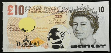 Banksy DISMAL 10 POUNDS CANVAS, 2015 serigrafia su tela, cm 9x18 sul retro:...