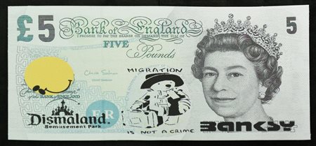 Banksy DISMAL 5 POUND CANVAS, 2015 serigrafia su tela, cm 9x18 sul retro:...