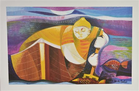 Vittorio Maria Di Carlo PESCATORE serigrafia su tela, cm 60x80; es. 15/150...