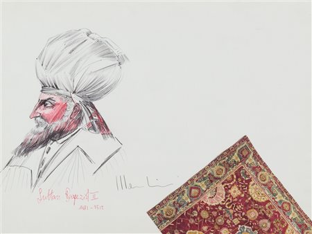 Aldo Mondino (Torino 1938-Torino 2005) Sultani China e collage su carta cm....