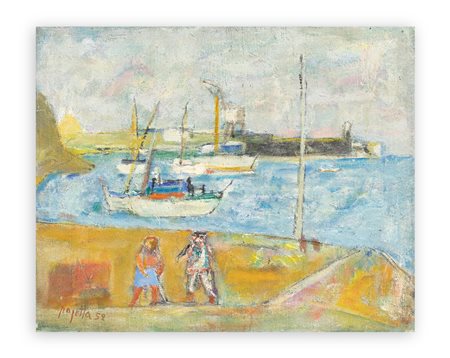 GUIDO PAJETTA (1898-1987) - Lavoratori sulla spiaggia con barche sullo sfondo, 1952
