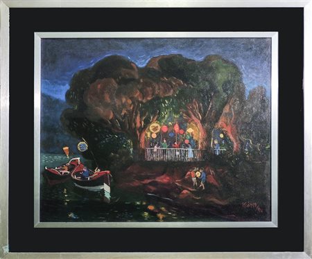 FESTA DELLA RIFICOLONA - NOCTURNE LANDSCAPE WITH FIGURES olio su tela - oil...