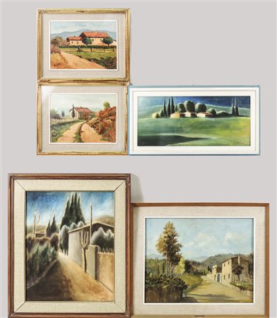 PAESAGGI TOSCANI - TUSCAN LANDSCAPES cinque dipinti ad olio su tavoletta e...