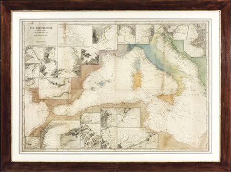 CARTA GEOGRAFIA DEL MAR MEDITERRANEO - PLANT OF MEDITERRANEAN SEA 1881...