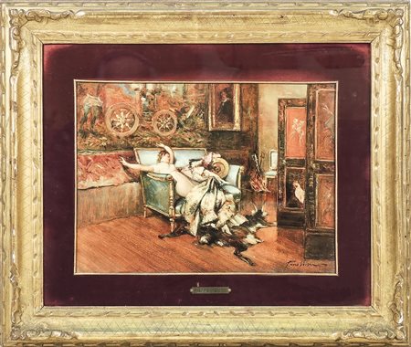 VEDUTA D'INTERNO CON FIGURA FEMMINILE - INTERIOR VIEW WITH FEMALE FIGURE olio...