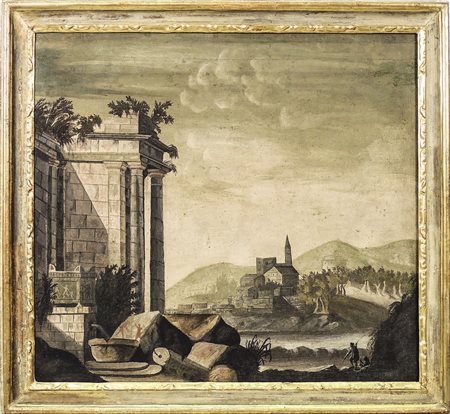 PAESAGGIO FLUVIALE CON PERSONAGGI E ROVINE - LANDSCAPE WITH A RIVER, FIGURES...