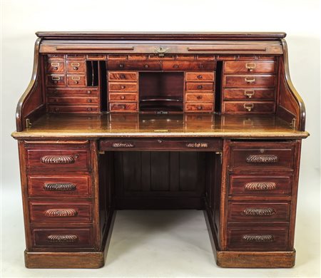 GRANDE SCRIVANIA DA CENTRO A BANCO IN NOCE CON ALZATA - LARGE ROLL TOP WALNUT...