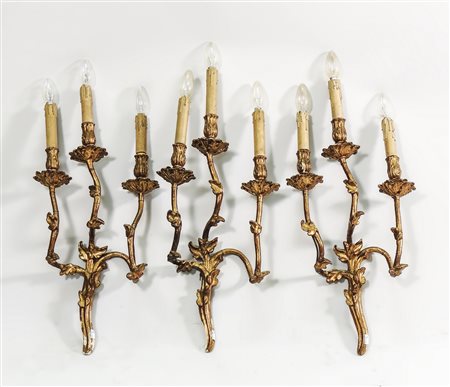 SERIE DI SEI APPLIQUE IN FERRO BATTUTO, LEGNO E PASTIGLIA DORATA - SIX...