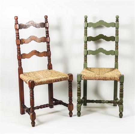 SERIE DI OTTO SEDIE IN NOCE - EIGHT WALNUT CHAIRS delle quali quattro laccate...