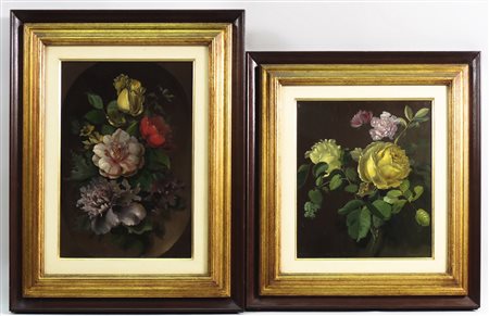 FIORI - FLOWERS due dipinti ad olio su cartoncino applicati a cartone - two...