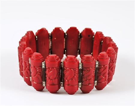 BRACCIALE IN VETRO ROSSO E ORO BIANCO, SMALTO E ROSE DI DIAMANTI - WHITE...