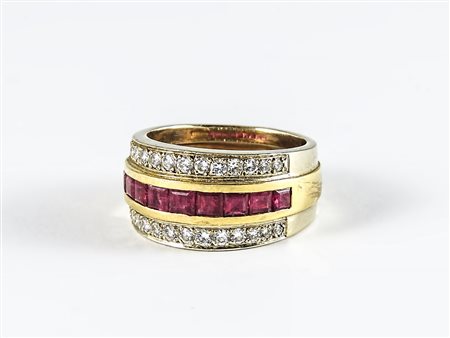 ANELLO A FASCIA IN ORO GIALLO BRILLANTI E RUBINI - BAND RING IN YELLOW GOLD...