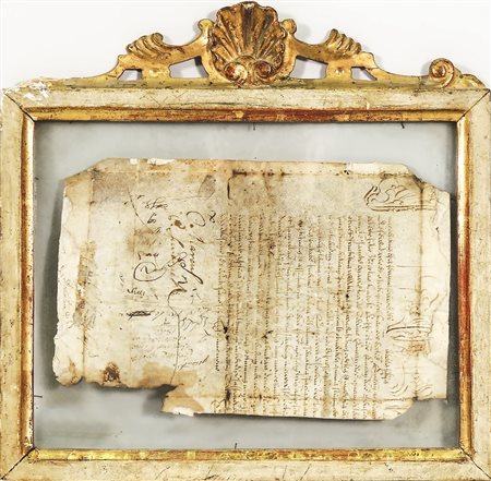 LOTTO -LOT Madonna in legno intagliato firmata U. Bartoli, e antica pergamena...