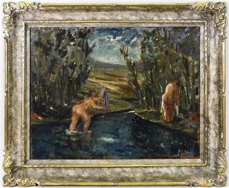 GUIDO CARRER (1902-1984) Le Bagnanti - The Bathers olio su tela - oil on...