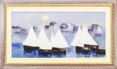 LIDO BETTARINI Paesaggio marino con barche - Seascape with Boats olio su tela...