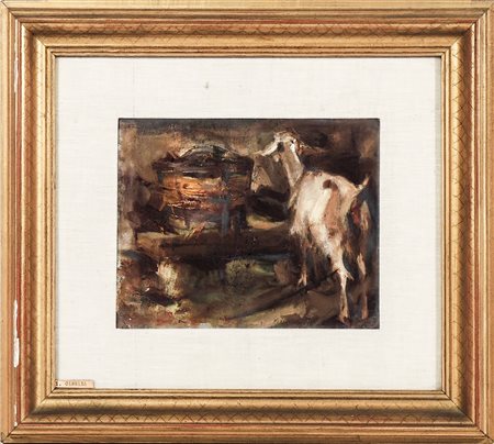 INTERNO DI STALLA CON CAPRETTA - STABLE VIEW WITH GOAT olio su cartone - oil...