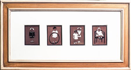 QUATTRO LASTRE IN RAME dipinte con figure di bambini, raccolte entro un'unica...