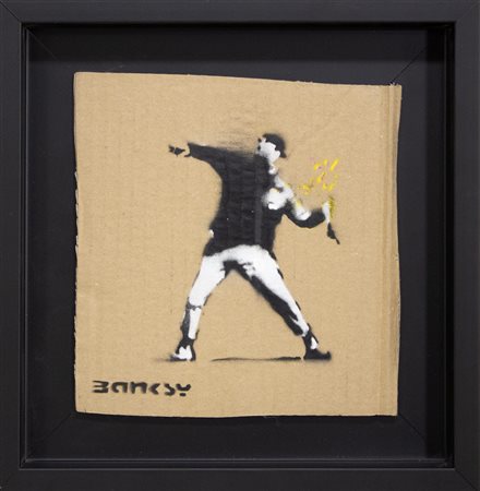 Banksy (after), Enjoy your free art, 2015, graffiti e stencil su cartone -...