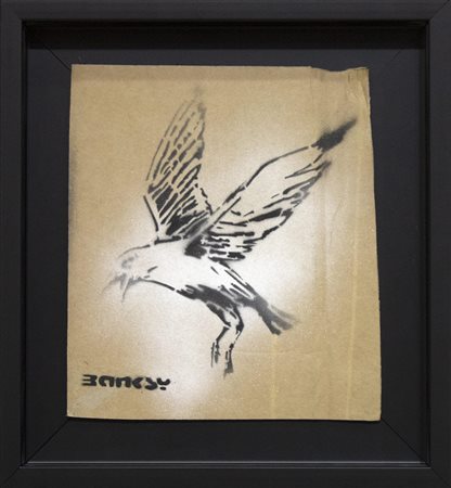 Banksy (after), Enjoy your free art, 2015, graffiti e stencil su cartone -...