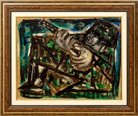Giuseppe Migneco, Il mitragliere, 1961, tempera su carta intelata, cm...