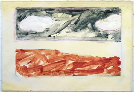 Mario Schifano, Paesaggio anemico, 1979, smalto e pastello su tela, cm 50x70,...
