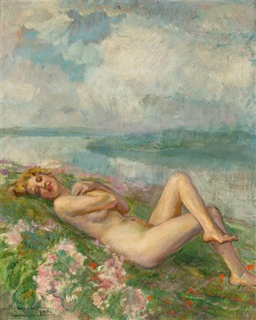 Riccardo Galli (Milano 1869-1944)  - Sogno di primavera (Nudo femminile sul lago di Como)