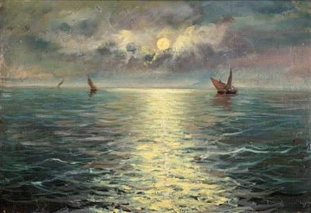 Angelo Balbi (Genova 1872-1939)  - Barche al chiaro di luna