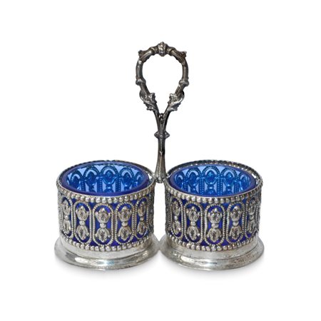 Porta sale e pepe in vetro di Murano blu e argento 925, 20°  secolo