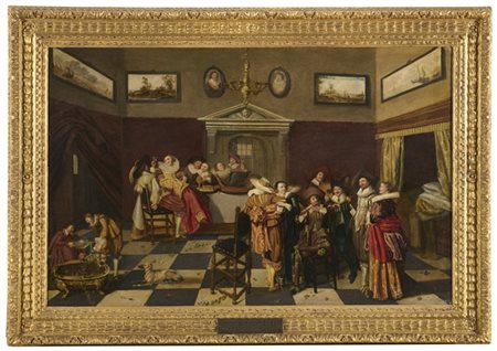 Seguace di Dirck Hals (Haarlem 1591- 1656) "Scena di corte"olio su tela (cm 68,5x106,5)in cornice