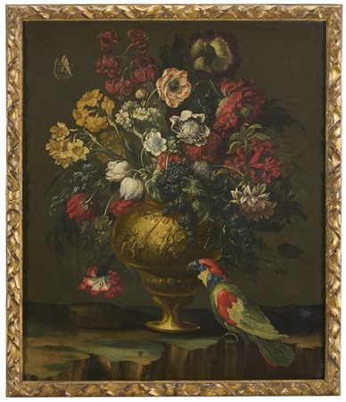 Scuola olandese del secolo XVII

"Vaso di fiori con pappagallo e farfalla"
olio