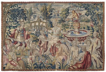Frammento di arazzo di Bruxelles, secolo XVI-XVII. Tessuto in lana e seta raffi