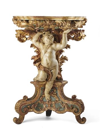 Console in legno intagliato, dipinto e dorato con piano di forma sagomata lacca