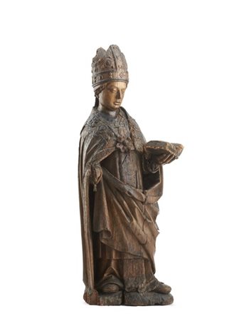 Scultore francese, fine secolo XVII. "Santo vescovo", figura in rovere (h. cm 1