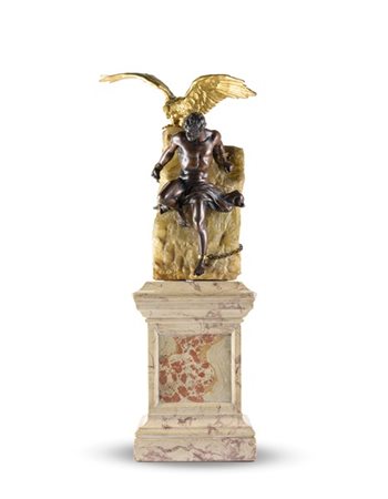 Arte del secolo XX. "Prometeo", figura in bronzo su roccia in onice sormontata