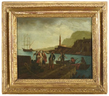 Scuola italiana del secolo XVIII"Veduta del porto di Genova"olio su tela (cm