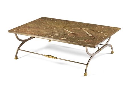 Tavolo da salotto di forma rettangolare con piano marmo fossile brown, gambe in
